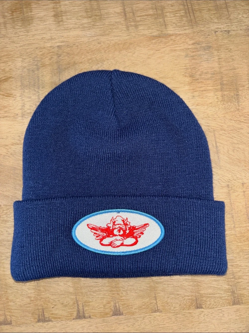 Boys Lie Navy Blue & Red Patch Angel Beanie Hat Womens One Size Fits All NWT